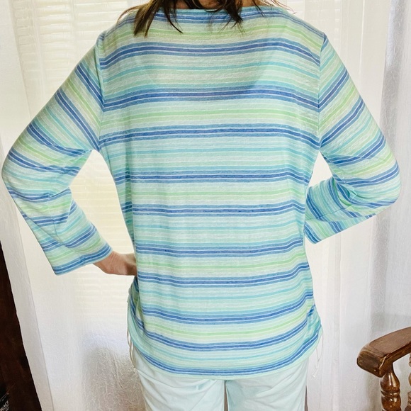 Talbots Striped Turquoise Blue Ruched 3/4 Sleeve - Picture 3 of 8